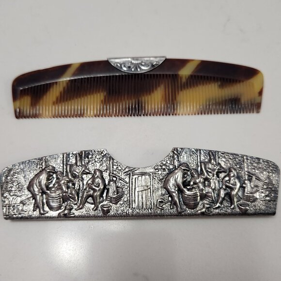 Hans Jensen Denmark Repousse Tortoise Shell Comb & Silver Plate Holder Danish - Picture 1 of 13